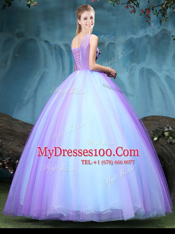 Ball Gowns Sweet 16 Dress Blue and Lilac V-neck Tulle Sleeveless Floor Length Lace Up