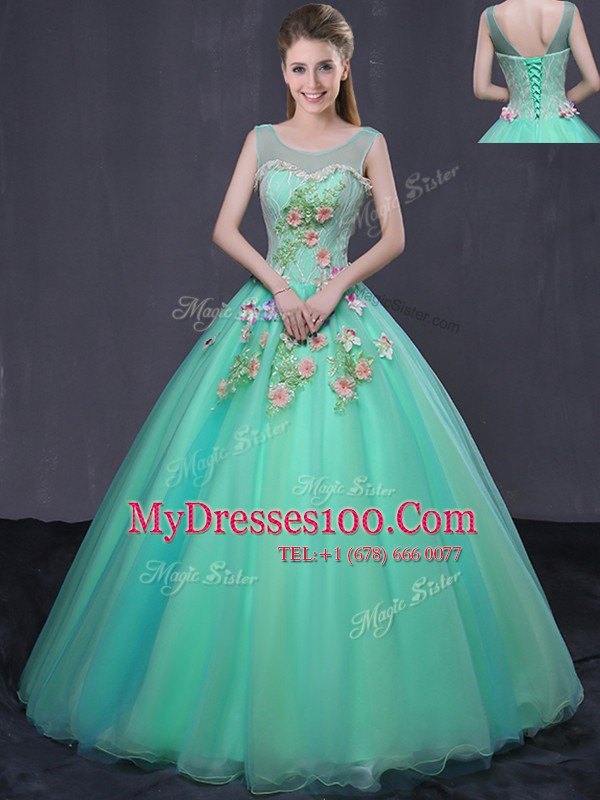 Super Scoop Turquoise Lace Up Sweet 16 Quinceanera Dress Beading and Appliques Sleeveless Floor Length