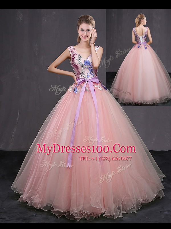 Adorable Baby Pink Tulle Lace Up Quinceanera Gown Sleeveless Floor Length Appliques and Belt