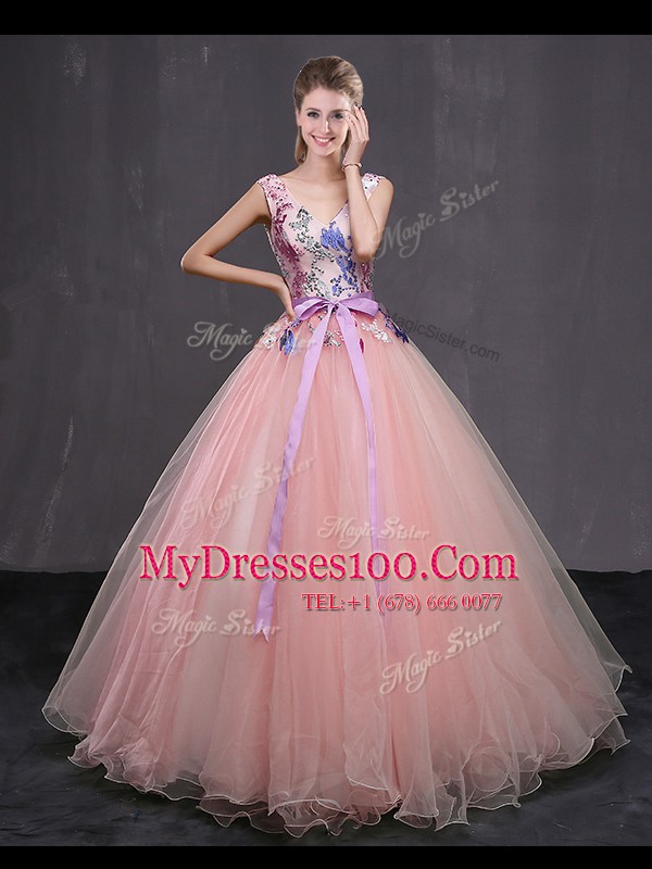 Adorable Baby Pink Tulle Lace Up Quinceanera Gown Sleeveless Floor Length Appliques and Belt