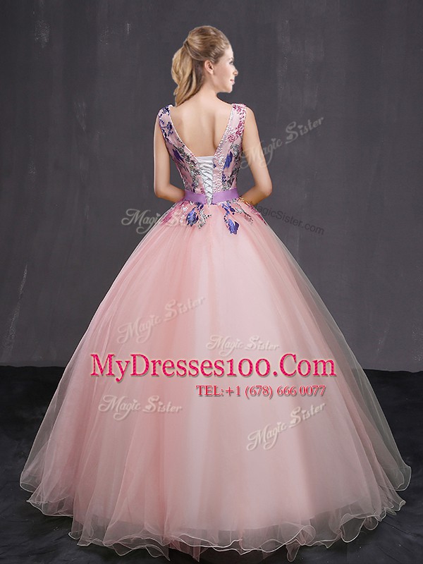 Adorable Baby Pink Tulle Lace Up Quinceanera Gown Sleeveless Floor Length Appliques and Belt