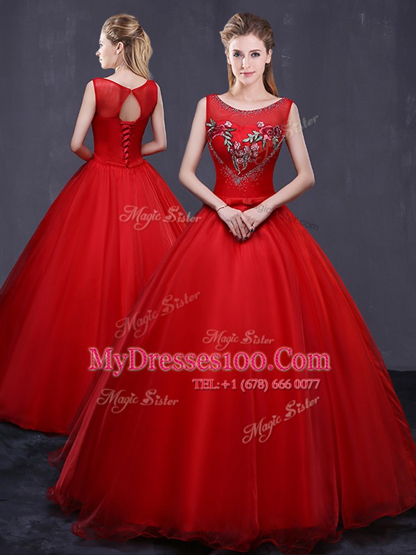 Affordable Scoop Floor Length Ball Gowns Sleeveless Red Quinceanera Gown Lace Up