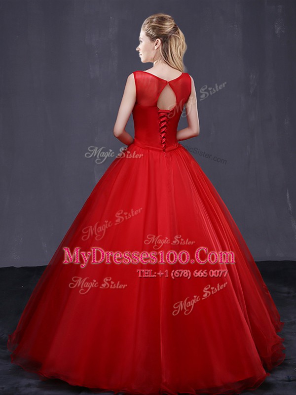 Affordable Scoop Floor Length Ball Gowns Sleeveless Red Quinceanera Gown Lace Up