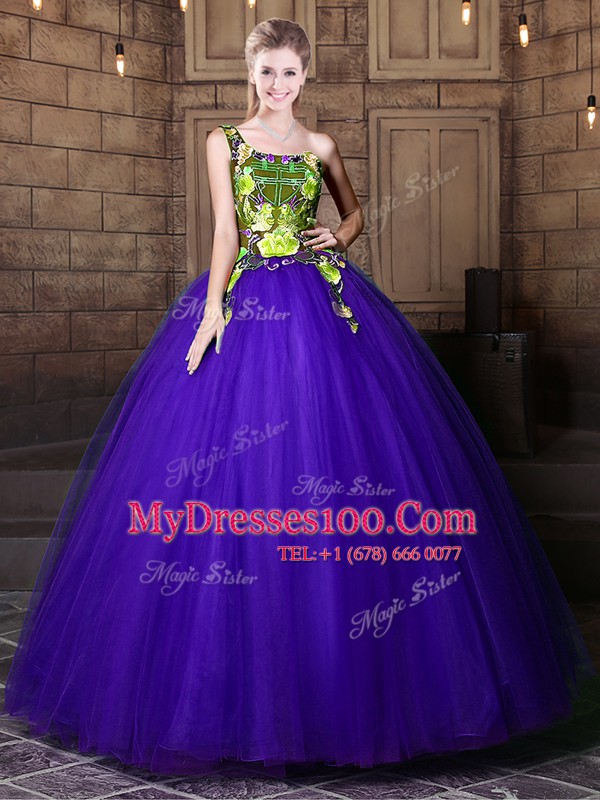 One Shoulder Floor Length Blue Quinceanera Dresses Tulle Sleeveless Pattern