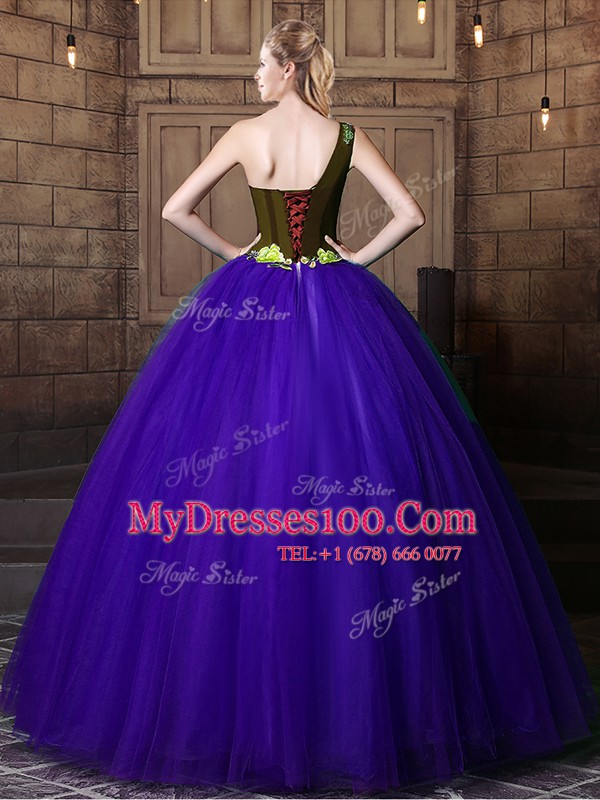 One Shoulder Floor Length Blue Quinceanera Dresses Tulle Sleeveless Pattern