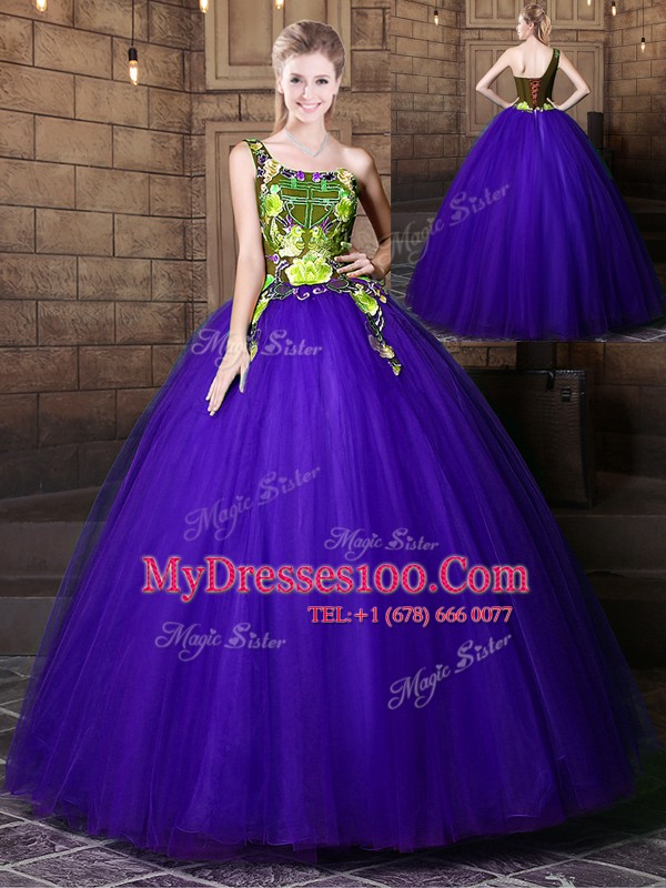 One Shoulder Floor Length Blue Quinceanera Dresses Tulle Sleeveless Pattern