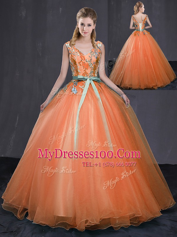 Wonderful Orange Ball Gowns Tulle V-neck Sleeveless Beading and Belt Floor Length Lace Up Sweet 16 Dresses