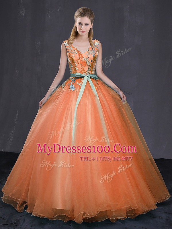 Wonderful Orange Ball Gowns Tulle V-neck Sleeveless Beading and Belt Floor Length Lace Up Sweet 16 Dresses