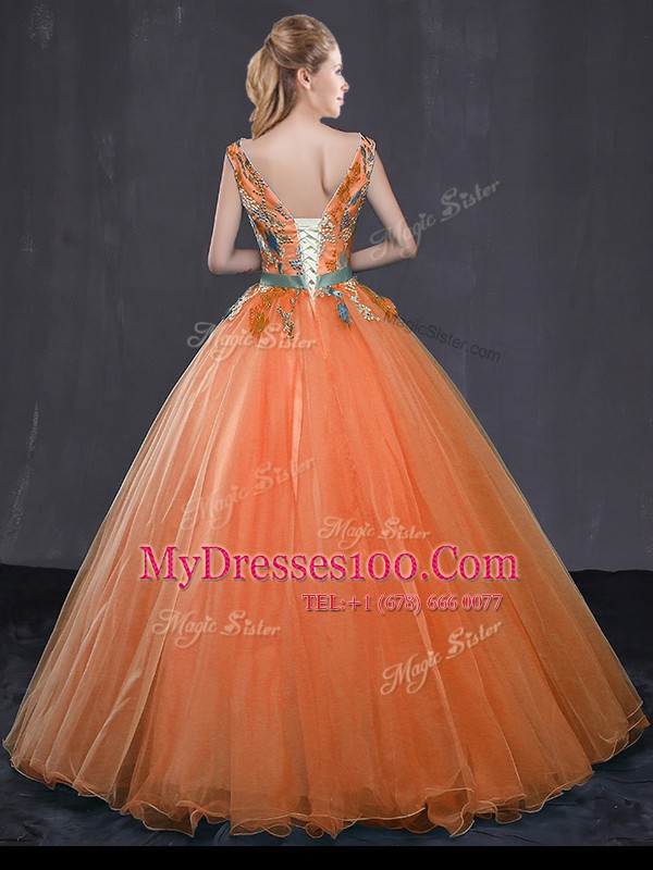 Wonderful Orange Ball Gowns Tulle V-neck Sleeveless Beading and Belt Floor Length Lace Up Sweet 16 Dresses