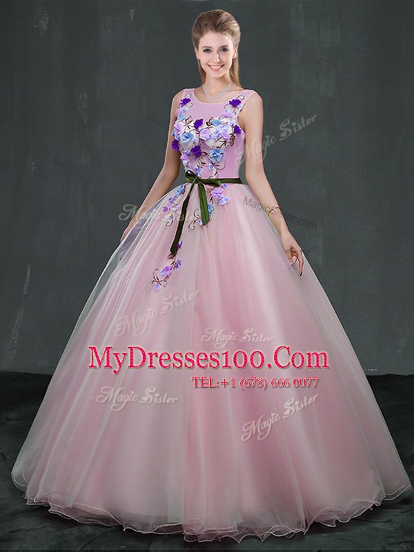Scoop Pink Ball Gowns Appliques Quince Ball Gowns Lace Up Organza Sleeveless Floor Length