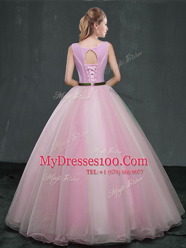 Scoop Pink Ball Gowns Appliques Quince Ball Gowns Lace Up Organza Sleeveless Floor Length