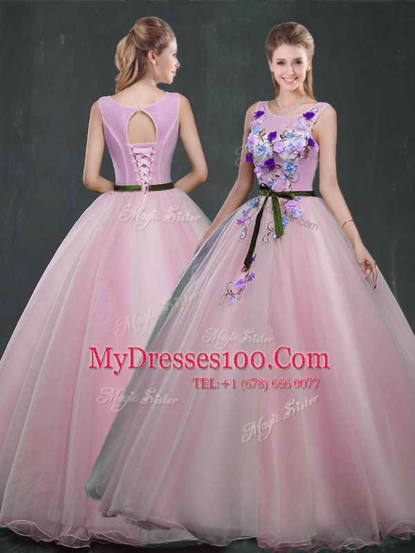 Scoop Pink Ball Gowns Appliques Quince Ball Gowns Lace Up Organza Sleeveless Floor Length