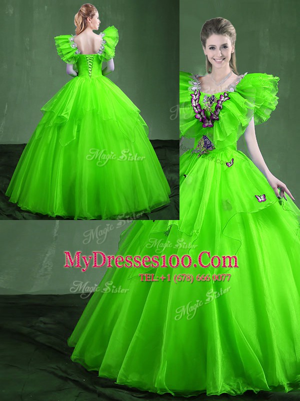 Ball Gowns Sweetheart Sleeveless Organza Floor Length Lace Up Appliques and Ruffles Vestidos de Quinceanera