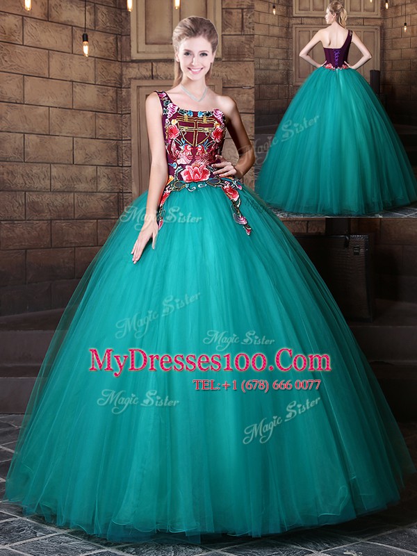 Cute One Shoulder Teal Sleeveless Floor Length Pattern Lace Up Quinceanera Gown