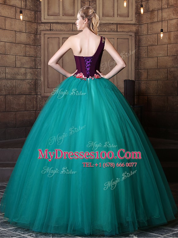 Cute One Shoulder Teal Sleeveless Floor Length Pattern Lace Up Quinceanera Gown