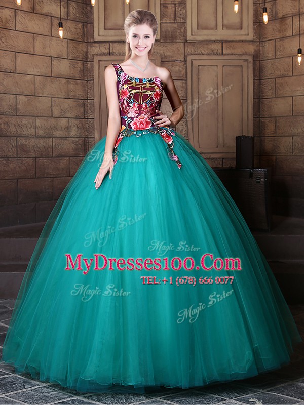 Cute One Shoulder Teal Sleeveless Floor Length Pattern Lace Up Quinceanera Gown