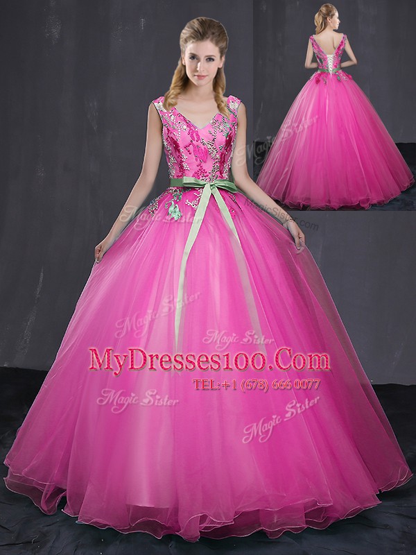 Ball Gowns Quinceanera Dresses Hot Pink V-neck Tulle Sleeveless Floor Length Lace Up