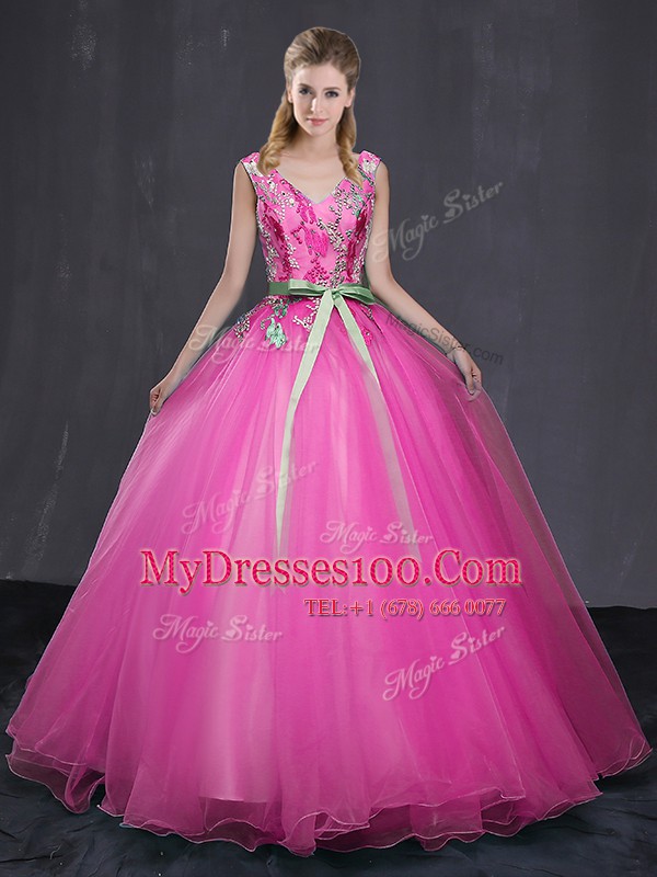 Ball Gowns Quinceanera Dresses Hot Pink V-neck Tulle Sleeveless Floor Length Lace Up