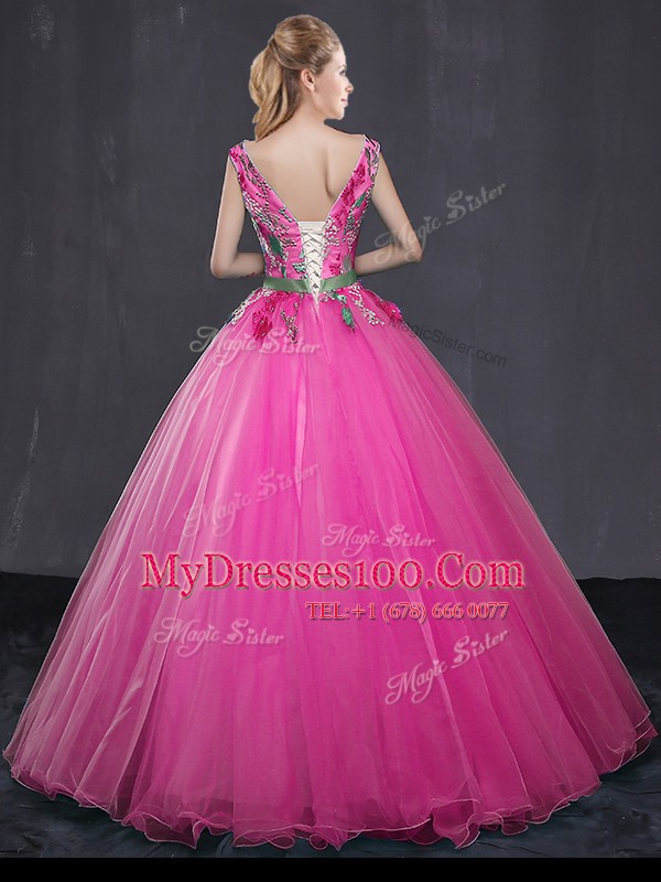 Ball Gowns Quinceanera Dresses Hot Pink V-neck Tulle Sleeveless Floor Length Lace Up
