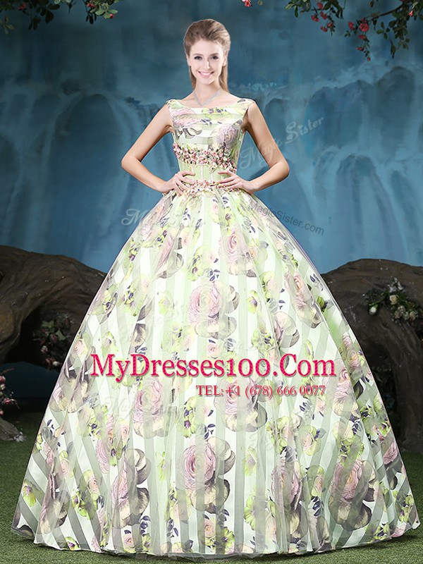 Fancy Straps Multi-color Ball Gowns Appliques and Pattern Quince Ball Gowns Lace Up Tulle Sleeveless Floor Length