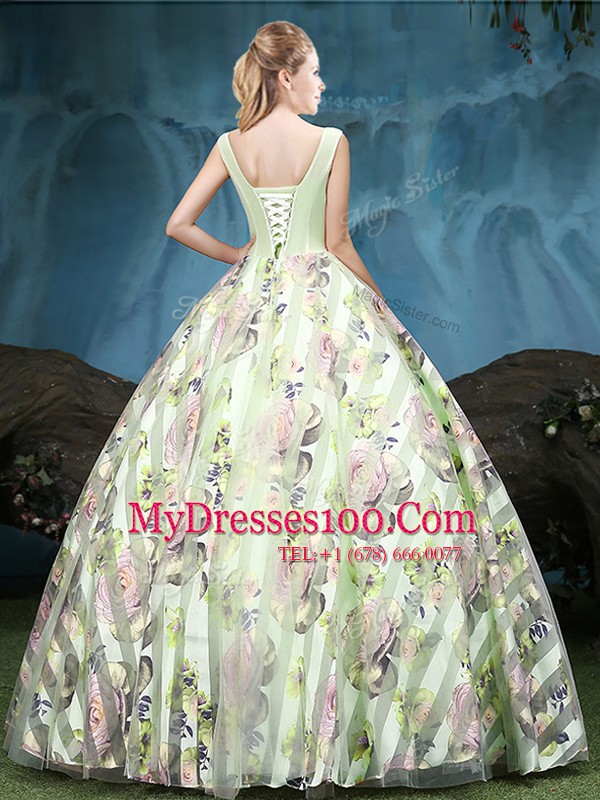 Fancy Straps Multi-color Ball Gowns Appliques and Pattern Quince Ball Gowns Lace Up Tulle Sleeveless Floor Length