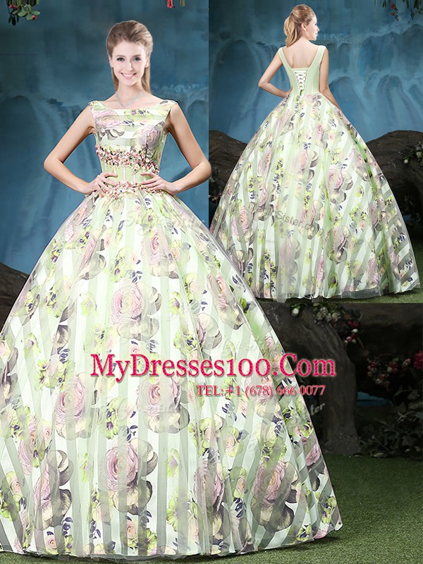 Fancy Straps Multi-color Ball Gowns Appliques and Pattern Quince Ball Gowns Lace Up Tulle Sleeveless Floor Length