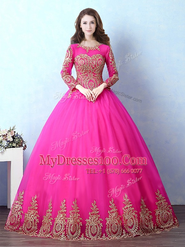 Custom Design Scoop Long Sleeves Vestidos de Quinceanera Floor Length Appliques Fuchsia Tulle