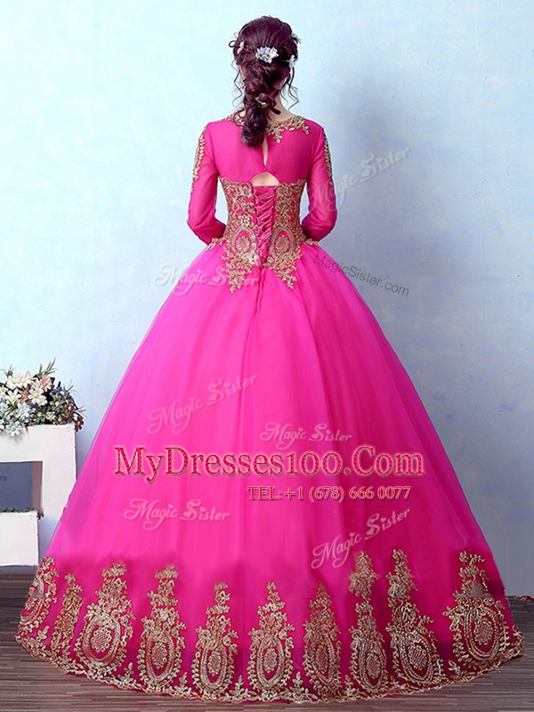 Custom Design Scoop Long Sleeves Vestidos de Quinceanera Floor Length Appliques Fuchsia Tulle