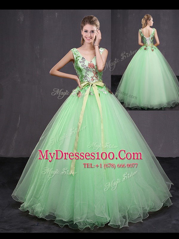 Apple Green Tulle Lace Up V-neck Sleeveless Floor Length Sweet 16 Dress Appliques and Belt