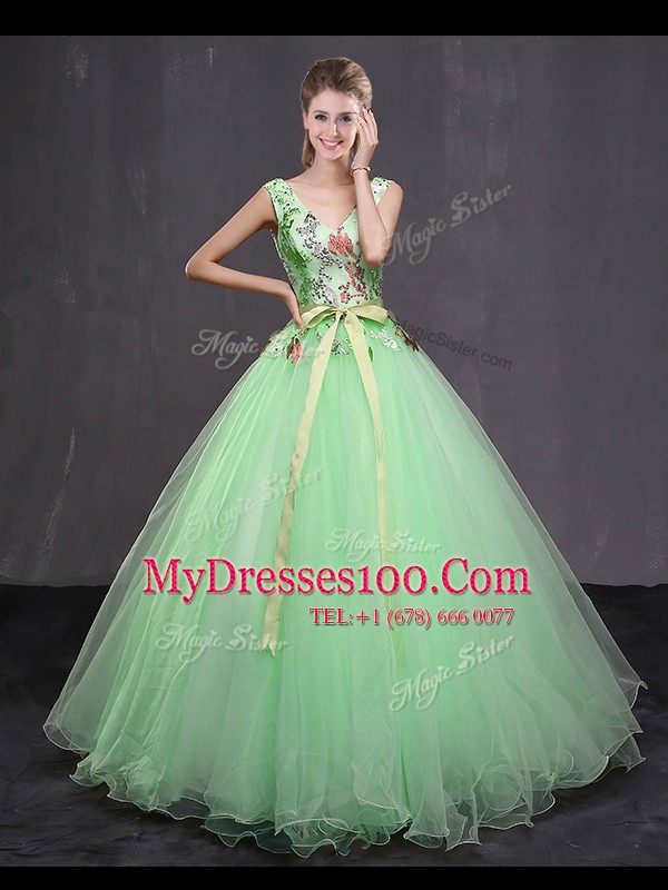 Apple Green Tulle Lace Up V-neck Sleeveless Floor Length Sweet 16 Dress Appliques and Belt