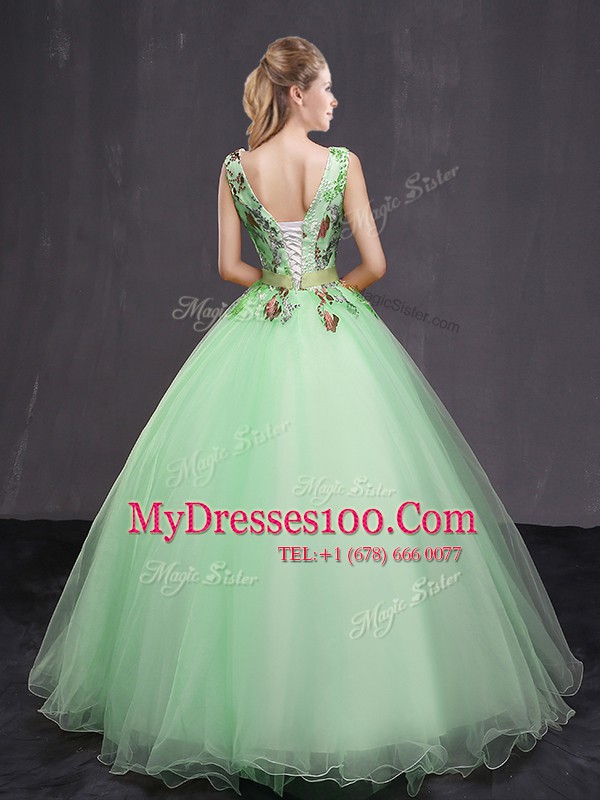 Apple Green Tulle Lace Up V-neck Sleeveless Floor Length Sweet 16 Dress Appliques and Belt