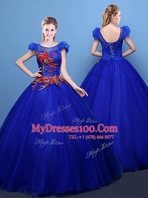Royal Blue Ball Gowns Tulle Scoop Short Sleeves Appliques Floor Length Lace Up Sweet 16 Dress