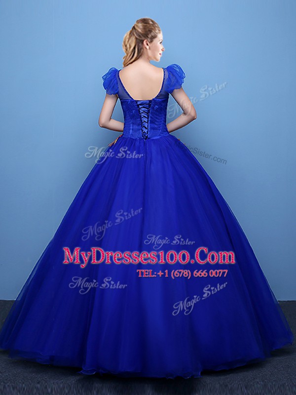 Royal Blue Ball Gowns Tulle Scoop Short Sleeves Appliques Floor Length Lace Up Sweet 16 Dress