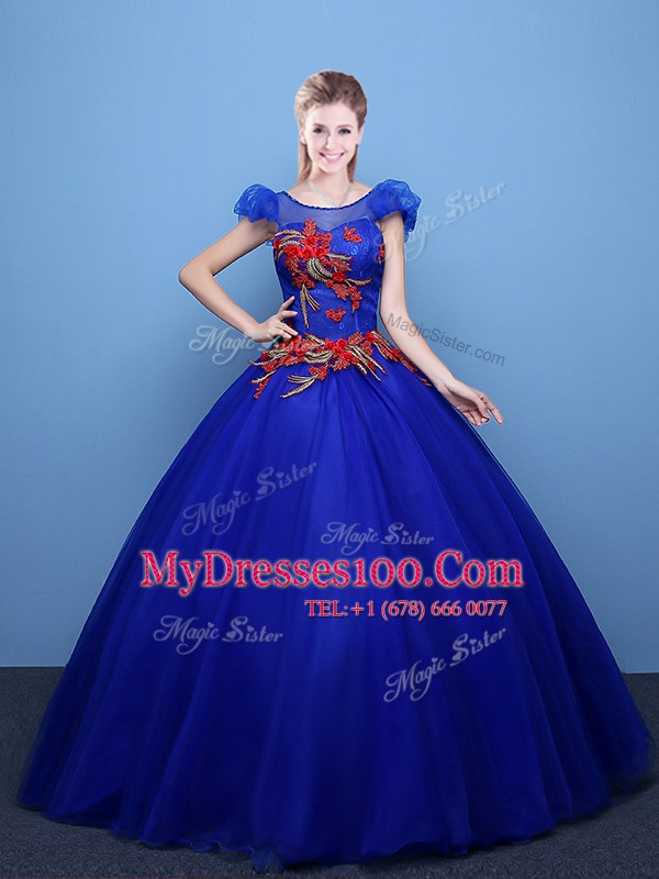 Royal Blue Ball Gowns Tulle Scoop Short Sleeves Appliques Floor Length Lace Up Sweet 16 Dress