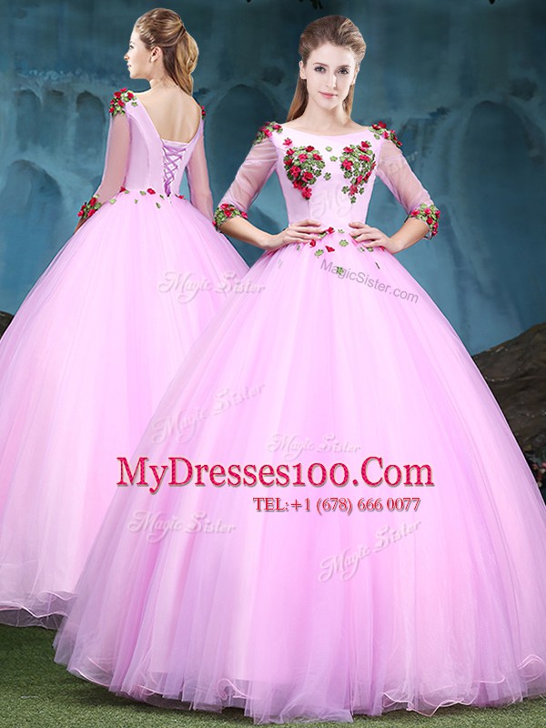 Shining Scoop Half Sleeves Lace Up Floor Length Appliques Sweet 16 Dresses