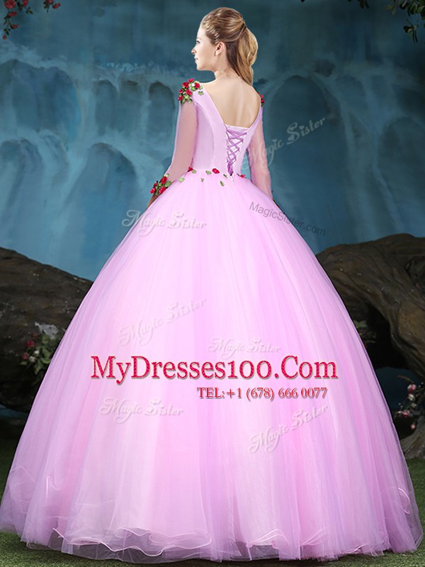 Shining Scoop Half Sleeves Lace Up Floor Length Appliques Sweet 16 Dresses