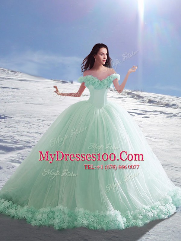 Apple Green Lace Up Off The Shoulder Hand Made Flower 15th Birthday Dress Tulle Sleeveless Court Train