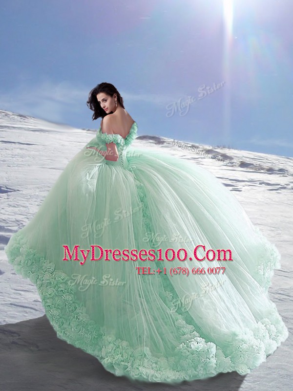 Apple Green Lace Up Off The Shoulder Hand Made Flower 15th Birthday Dress Tulle Sleeveless Court Train