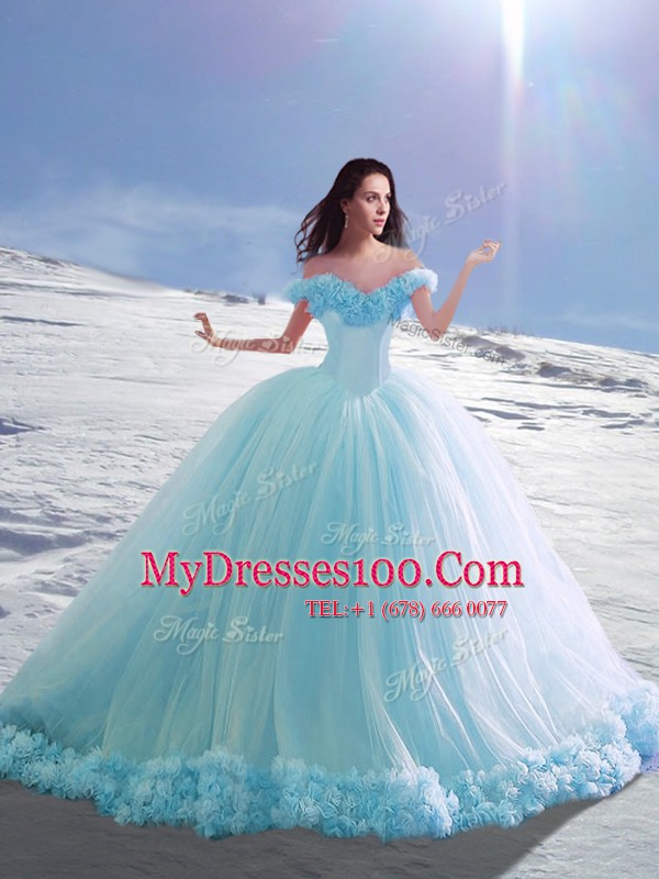 Off the Shoulder Baby Blue Lace Up Sweet 16 Dress Hand Made Flower Cap Sleeves Court Train
