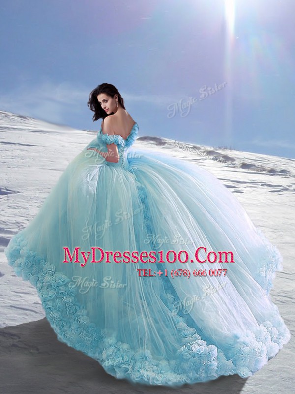 Off the Shoulder Baby Blue Lace Up Sweet 16 Dress Hand Made Flower Cap Sleeves Court Train