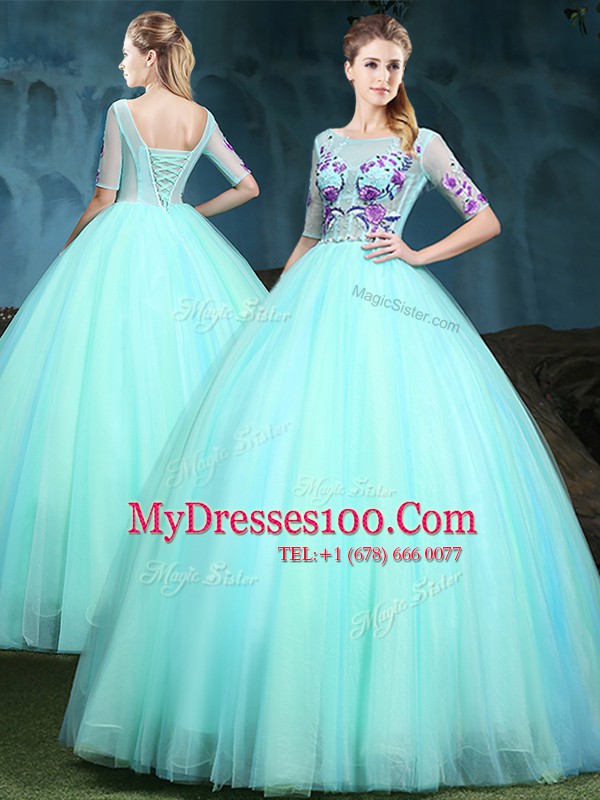 Apple Green Tulle Lace Up Scoop Half Sleeves Floor Length 15 Quinceanera Dress Appliques