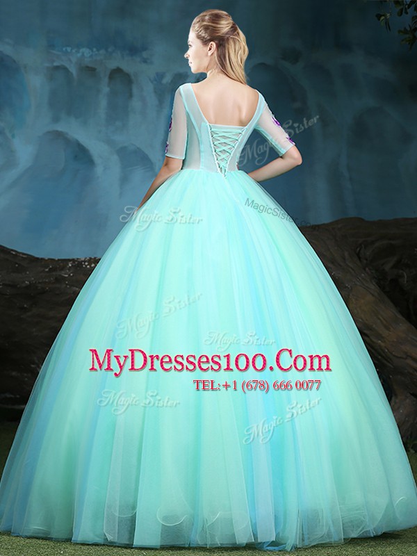 Apple Green Tulle Lace Up Scoop Half Sleeves Floor Length 15 Quinceanera Dress Appliques