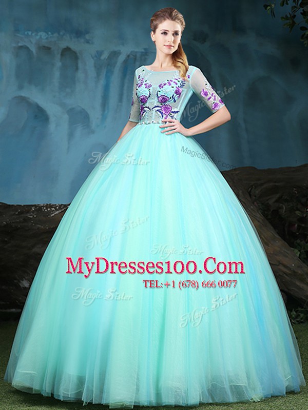 Apple Green Tulle Lace Up Scoop Half Sleeves Floor Length 15 Quinceanera Dress Appliques