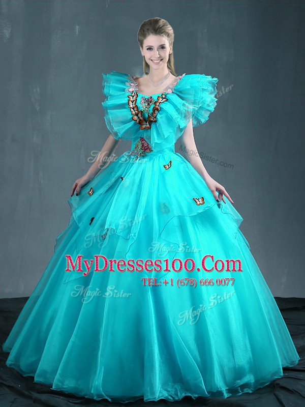 Aqua Blue Ball Gowns Embroidery Quinceanera Dress Lace Up Organza Sleeveless Floor Length