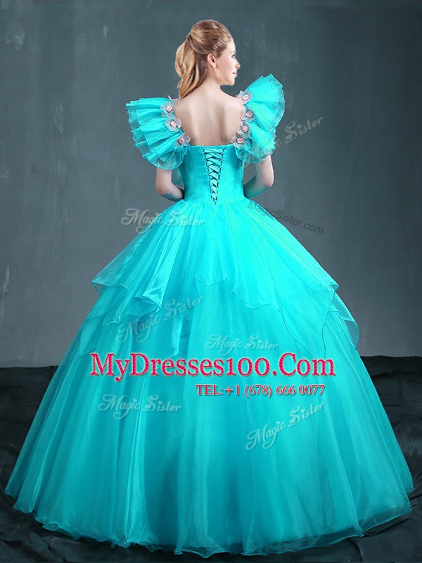 Aqua Blue Ball Gowns Embroidery Quinceanera Dress Lace Up Organza Sleeveless Floor Length