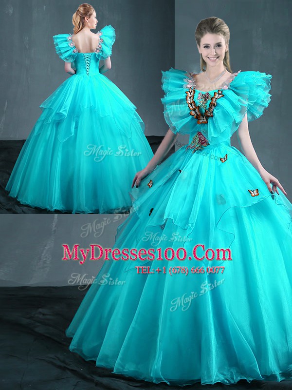 Aqua Blue Ball Gowns Embroidery Quinceanera Dress Lace Up Organza Sleeveless Floor Length