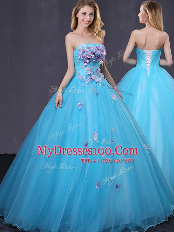 Captivating Sleeveless Floor Length Appliques Lace Up Quince Ball Gowns with Baby Blue