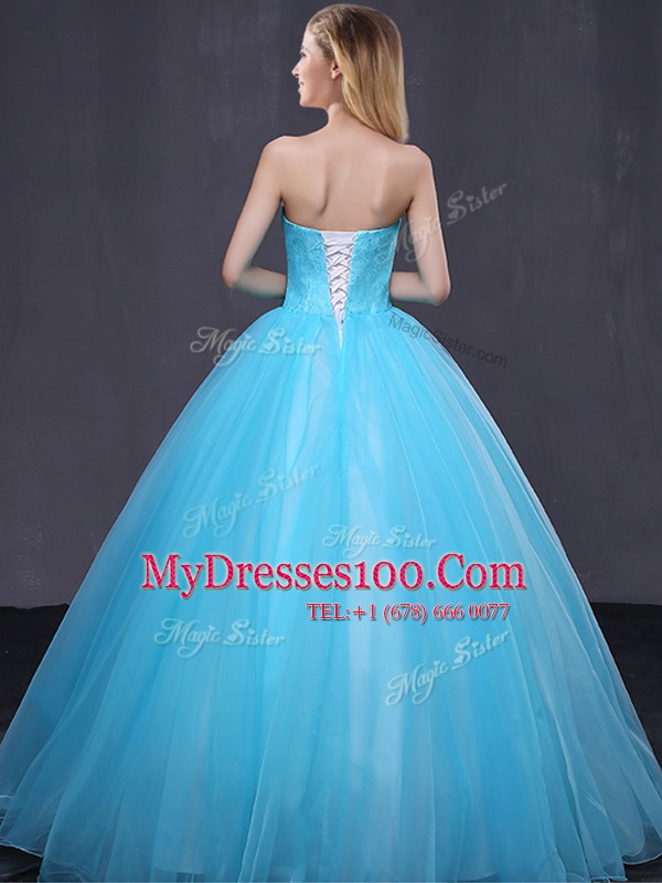 Captivating Sleeveless Floor Length Appliques Lace Up Quince Ball Gowns with Baby Blue