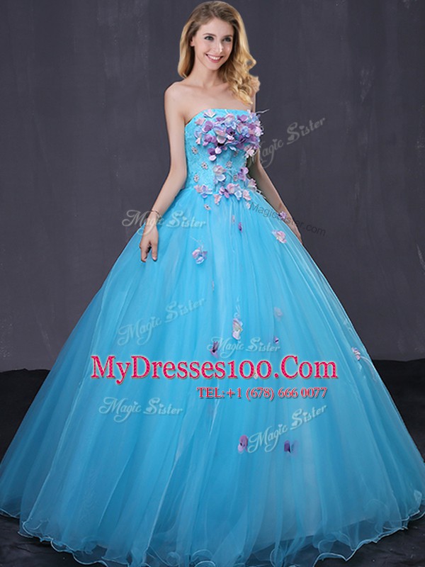 Captivating Sleeveless Floor Length Appliques Lace Up Quince Ball Gowns with Baby Blue