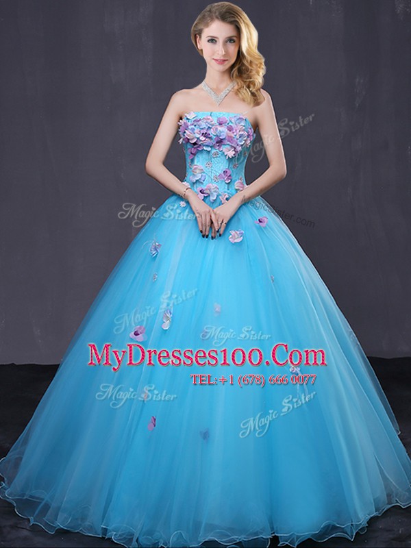 Captivating Sleeveless Floor Length Appliques Lace Up Quince Ball Gowns with Baby Blue